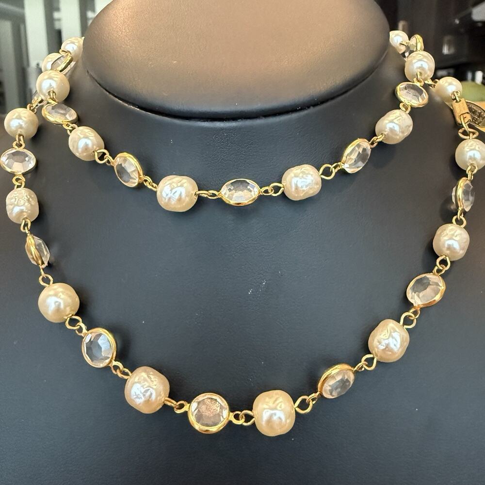Miriam Haskell Clear Glass Faux Pearl Bezel Set Necklace 24” FOR REPAIR - AS IS